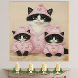 Mother Cat and Kittens in Mint Green Outfits with Pink Bows Hearts and Roses Whimsical Black and White Tuxedo Cat Family Portrait on Ready to Hang 1.5" Thick Canvas Wrap, Floating Framed Canvas, Flat Rolled Canvas