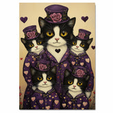 Mother Texudo Cat and Kittens in Pink Dresses with Hats Black and White Cats Surrounded by Hearts on Ready to Hang 1.5" Thick Canvas Wrap, Floating Framed Canvas, Flat Rolled Canvas