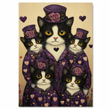 Mother Texudo Cat and Kittens in Pink Dresses with Hats Black and White Cats Surrounded by Hearts on Ready to Hang 1.5" Thick Canvas Wrap, Floating Framed Canvas, Flat Rolled Canvas