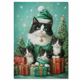 Tuxedo Cat Family in Light Blue Winter Coats and Hats Surrounded by Gifts and Snow-Covered Trees in a Magical Holiday Scene with Festive Spirit