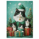 Tuxedo Cat Family in Light Blue Winter Coats and Hats Surrounded by Gifts and Snow-Covered Trees in a Magical Holiday Scene with Festive Spirit