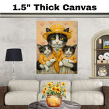 Mother Cat and Kittens in Charming Pink Outfits with Roses and Hearts Whimsical Black and White Tuxedo Cat Family Relaxing Portrait on Ready to Hang 1.5" Thick Canvas Wrap, Floating Framed Canvas, Flat Rolled Canvas