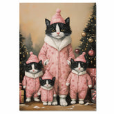 Tuxedo Cat Family in Purple Pajamas Surrounded by Christmas Gifts and Trees in a Warm Winter Scene Full of Holiday Lights and Cozy Charm