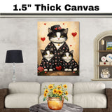 Festive Oil Painting of Mother Texudo Cat and Kittens in Rainbow Heart Pajamas and Party Hats on Light Background for Cat Lovers on Ready to Hang 1.5" Thick Canvas Wrap, Floating Framed Canvas, Flat Rolled Canvas
