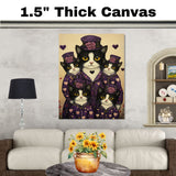 Mother Texudo Cat and Kittens in Pink Dresses with Hats Black and White Cats Surrounded by Hearts on Ready to Hang 1.5" Thick Canvas Wrap, Floating Framed Canvas, Flat Rolled Canvas