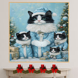 Tuxedo Cat Family in Purple Santa Outfits with Holiday Gifts and Tree Under a Starry Sky in a Magical Christmas Scene Full of Festive Wonder