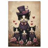 Mother Cat and Kittens Dressed in Matching Blue Suits with Pink Bows and Top Hat Surrounded by Hearts Tuxedo Cats on Ready to Hang 1.5" Thick Canvas Wrap, Floating Framed Canvas, Flat Rolled Canvas