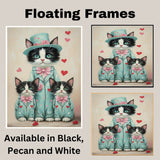 Charming Mother Cat with Kittens in Pink Floral Outfits Whimsical Tuxedo Cat Art for Nursery and Cat Lovers on Ready to Hang 1.5" Thick Canvas Wrap, Floating Framed Canvas, Flat Rolled Canvas