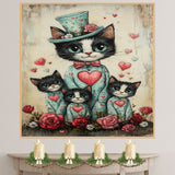 Mother Cat and Kittens in Teal Heart Outfits with Roses Whimsical Tuxedo Cat Family Artwork for Valentine's and Cat Lovers Decor on Ready to Hang 1.5" Thick Canvas Wrap, Floating Framed Canvas, Flat Rolled Canvas