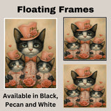 Mother Cat and Kittens in Playful Purple Outfits with Heart and Cat Patterns Whimsical Black and White Tuxedo Cat Family Portrait on Ready to Hang 1.5" Thick Canvas Wrap, Floating Framed Canvas, Flat Rolled Canvas