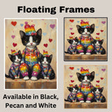 Chic Oil Painting of Mother Texudo Cat and Kittens in Pink Rose Outfits with Hearts and Hats on Beige Background for Cat Lovers and Gift Ideas on Ready to Hang 1.5" Thick Canvas Wrap, Floating Framed Canvas, Flat Rolled Canvas