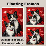 Mother Tuxedo Cat and Kittens in Heart Pajamas Romantic Black and White Cat Family Painting with Roses on Ready to Hang 1.5" Thick Canvas Wrap, Floating Framed Canvas, Flat Rolled Canvas