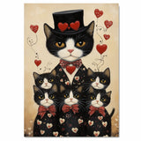 Mother Tuxedo Cat and Kittens in Yellow Heart Pajamas Black and White Cat Family Artwork for Cat Lovers on Ready to Hang 1.5" Thick Canvas Wrap, Floating Framed Canvas, Flat Rolled Canvas