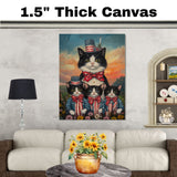 Mother Black and White Tuxedo Cat with Three Kittens in Patriotic Outfits and Hats in a Sunset Flower Field Scene on Ready to Hang 1.5" Thick Canvas Wrap, Floating Framed Canvas, Flat Rolled Canvas