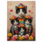 Mother Cat and Kittens in Black Outfits with Red and Pink Hearts Whimsical Black and White Tuxedo Cat Family Portrait with Roses on Ready to Hang 1.5" Thick Canvas Wrap, Floating Framed Canvas, Flat Rolled Canvas