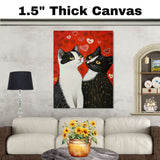 Romantic Cat Couple Against Red Heart Background Charming Tuxedo Cats Artwork for Valentine's Day and Cat Lovers Home Decor on Ready to Hang 1.5" Thick Canvas Wrap, Floating Framed Canvas, Flat Rolled Canvas