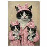 Mother Cat and Kittens in Pink Heart Pajamas Tuxedo Cat Family Artwork for Valentine's Day Decor and Cat Lovers Gifts on Ready to Hang 1.5" Thick Canvas Wrap, Floating Framed Canvas, Flat Rolled Canvas