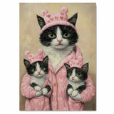 Mother Cat and Kittens in Pink Heart Pajamas Tuxedo Cat Family Artwork for Valentine's Day Decor and Cat Lovers Gifts on Ready to Hang 1.5" Thick Canvas Wrap, Floating Framed Canvas, Flat Rolled Canvas