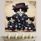 Mother Cat and Kittens in Elegant Navy Dresses with Red Hearts and Roses Whimsical Black and White Tuxedo Cat Family Portrait on Ready to Hang 1.5" Thick Canvas Wrap, Floating Framed Canvas, Flat Rolled Canvas