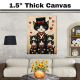 Mother Tuxedo Cat and Kittens in Yellow Heart Pajamas Black and White Cat Family Artwork for Cat Lovers on Ready to Hang 1.5" Thick Canvas Wrap, Floating Framed Canvas, Flat Rolled Canvas