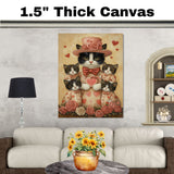 Mother Cat and Kittens in Elegant Purple Outfits with Heart Patterns and Roses Whimsical Black and White Tuxedo Cat Family Portrait on Ready to Hang 1.5" Thick Canvas Wrap, Floating Framed Canvas, Flat Rolled Canvas