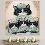 Mother Cat and Kittens in Floral Dresses with Roses Whimsical Tuxedo Cat Family Artwork for Valentine's Day and Cat Lovers Decor on Ready to Hang 1.5" Thick Canvas Wrap, Floating Framed Canvas, Flat Rolled Canvas