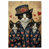 Oil Painting of Mother Texudo Cat and Kittens in Yellow Heart Dresses with Matching Hats and Bows on Soft Peach Background on Ready to Hang 1.5" Thick Canvas Wrap, Floating Framed Canvas, Flat Rolled Canvas