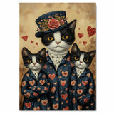 Oil Painting of Mother Texudo Cat and Kittens in Yellow Heart Dresses with Matching Hats and Bows on Soft Peach Background on Ready to Hang 1.5" Thick Canvas Wrap, Floating Framed Canvas, Flat Rolled Canvas
