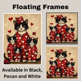 Tuxedo Cat Mother and Kittens in Red Heart Pajamas Black and White Cat Family Artwork for Cat Lovers on Ready to Hang 1.5" Thick Canvas Wrap, Floating Framed Canvas, Flat Rolled Canvas