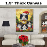 Tuxedo Cat Family in Golden Holiday Outfits and Santa Hat Surrounded by Christmas Gifts and Trees in a Warm Festive Snowflake Scene
