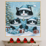 Tuxedo Cat Family in Pink Winter Coats and Hats Surrounded by Christmas Trees and Gifts in a Cozy Holiday Scene with Snowflakes and Warm Charm