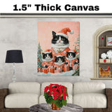 Tuxedo Cat Family in Red Santa Outfits Surrounded by Gifts and Snowy Trees in a Whimsical Christmas Scene with Festive Background