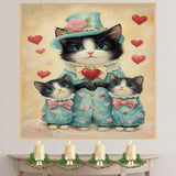 Romantic Oil Painting of Mother Texudo Cat and Kittens in Peach Heart Outfits with Roses and Bows on Warm Background for Cat Lovers on Ready to Hang 1.5" Thick Canvas Wrap, Floating Framed Canvas, Flat Rolled Canvas