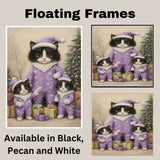 Tuxedo Cat Family in Lavender Pajamas and Santa Hats Surrounded by Christmas Gifts and Tree in a Calm Snowflake-Filled Holiday Scene
