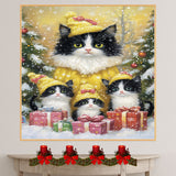 Tuxedo Cat Family in Yellow Winter Hats Surrounded by Snow, Christmas Trees, and Colorful Gifts in a Whimsical Holiday Wonderland Scene