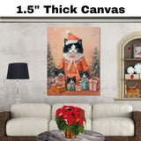 Tuxedo Cat Family in Lavender Pajamas Surrounded by Gifts and Christmas Trees in a Cozy Winter Scene with a Warm Holiday Atmosphere