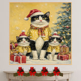 Tuxedo Cat Family in Purple Holiday Hats and Scarves with Christmas Tree and Gifts in a Magical Winter Scene Full of Cheer and Festive Sparkle