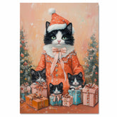 Tuxedo Cat Family in Lavender Pajamas Surrounded by Gifts and Christmas Trees in a Cozy Winter Scene with a Warm Holiday Atmosphere