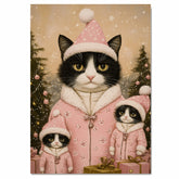 Tuxedo Cat Family in Blue Snowflake Outfits with Presents and Snowy Trees in a Magical Winter Scene Filled with Christmas Cheer and Charm