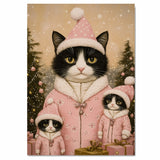 Tuxedo Cat Family in Blue Snowflake Outfits with Presents and Snowy Trees in a Magical Winter Scene Filled with Christmas Cheer and Charm