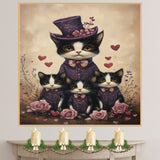 Mother Cat and Kittens Dressed in Matching Blue Suits with Pink Bows and Top Hat Surrounded by Hearts Tuxedo Cats on Ready to Hang 1.5" Thick Canvas Wrap, Floating Framed Canvas, Flat Rolled Canvas