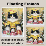 Tuxedo Cat Family in Yellow Winter Hats Surrounded by Snow, Christmas Trees, and Colorful Gifts in a Whimsical Holiday Wonderland Scene