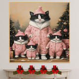 Tuxedo Cat Family in Purple Pajamas Surrounded by Christmas Gifts and Trees in a Warm Winter Scene Full of Holiday Lights and Cozy Charm