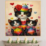 Charming Oil Painting of Mother Cat and Kittens in Floral Outfits with Hearts on Beige Background for Cat Lovers and Pet Art Fans on Ready to Hang 1.5" Thick Canvas Wrap, Floating Framed Canvas, Flat Rolled Canvas