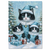 Tuxedo Cat Family in Pink Winter Coats and Hats Surrounded by Christmas Trees and Gifts in a Cozy Holiday Scene with Snowflakes and Warm Charm