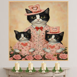 Mother Cat and Kittens in Pink Floral Outfits with Roses Whimsical Tuxedo Cat Family Artwork for Cat Lovers and Cozy Decor on Ready to Hang 1.5" Thick Canvas Wrap, Floating Framed Canvas, Flat Rolled Canvas