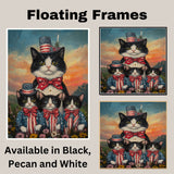 Mother Black and White Tuxedo Cat with Three Kittens in Patriotic Outfits and Hats in a Sunset Flower Field Scene on Ready to Hang 1.5" Thick Canvas Wrap, Floating Framed Canvas, Flat Rolled Canvas