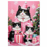 Tuxedo Cat Family in Sparkling Purple Outfits Surrounded by Christmas Trees and Gifts in a Magical Winter Wonderland Holiday Scene