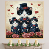 Festive Oil Painting of Mother Texudo Cat and Kittens in Green Holiday Outfits with Hearts and Snowflakes on Beige Background on Ready to Hang 1.5" Thick Canvas Wrap, Floating Framed Canvas, Flat Rolled Canvas