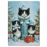 Tuxedo Cat Family in Purple Winter Hats Surrounded by Snow, Holiday Gifts, and Christmas Trees in a Magical Festive Scene with Golden Ornaments